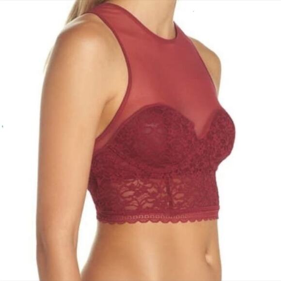 NEW FP FREE PEOPLE Sheer Mesh Racerback Lace Longline Bra Bralette Maroon Wine S - Picture 5 of 7